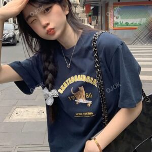 Gal Fashion Navy Blue Round Neck Loose Cat & Letter Print Casual Short Sleeve T-Shirt For Women, Summer Navy Blue